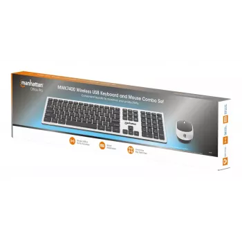Recetor nano USB-A único Manhattan para ambos, teclado sem fios de tamanho normal, rato ótico ambidestro com três botões e roda de deslocamento, 1200 dpi, prateado/preto
