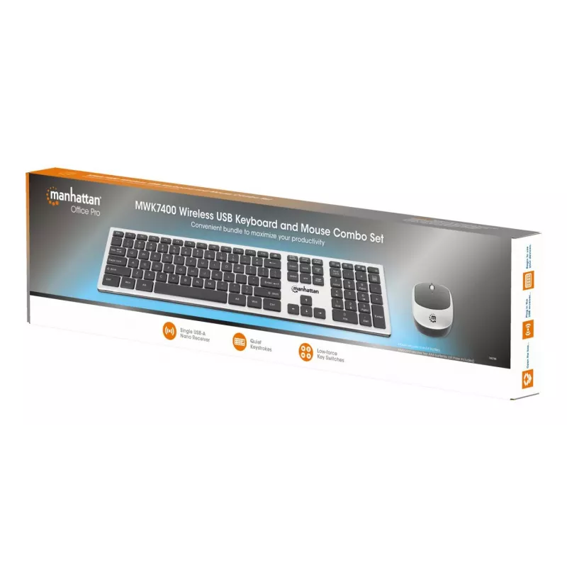 Recetor nano USB-A único Manhattan para ambos, teclado sem fios de tamanho normal, rato ótico ambidestro com três botões e roda de deslocamento, 1200 dpi, prateado/preto