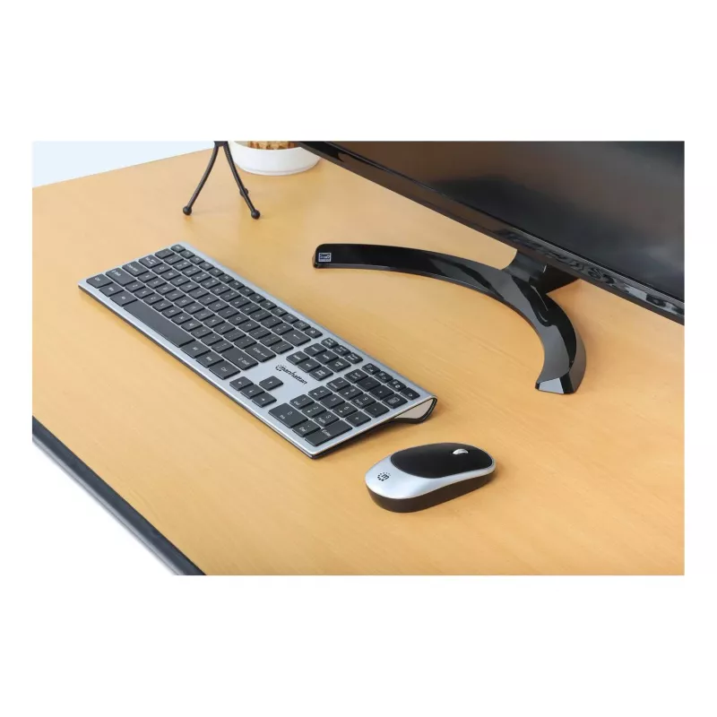 Recetor nano USB-A único Manhattan para ambos, teclado sem fios de tamanho normal, rato ótico ambidestro com três botões e roda de deslocamento, 1200 dpi, prateado/preto