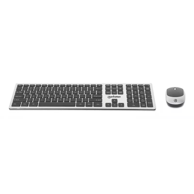 Recetor nano USB-A único Manhattan para ambos, teclado sem fios de tamanho normal, rato ótico ambidestro com três botões e roda de deslocamento, 1200 dpi, prateado/preto