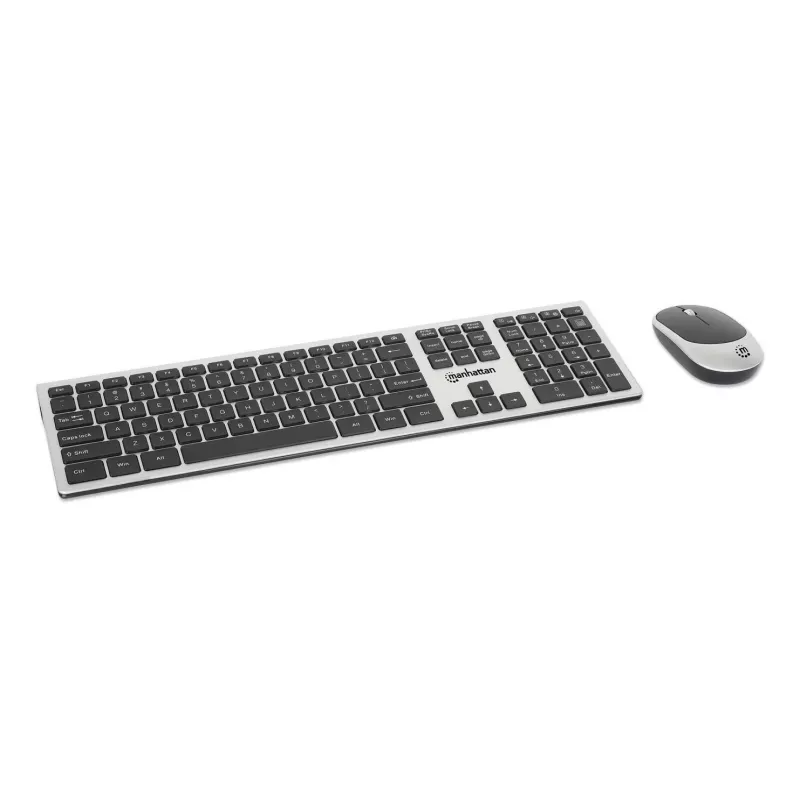 Recetor nano USB-A único Manhattan para ambos, teclado sem fios de tamanho normal, rato ótico ambidestro com três botões e roda de deslocamento, 1200 dpi, prateado/preto