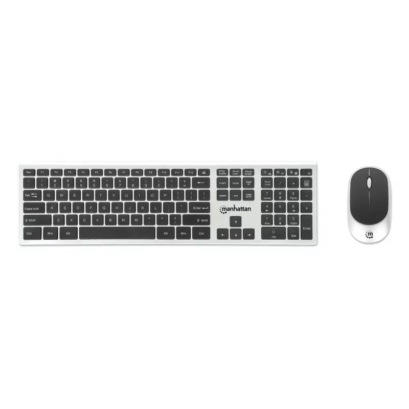 Recetor nano USB-A único Manhattan para ambos, teclado sem fios de tamanho normal, rato ótico ambidestro com três botões e roda de deslocamento, 1200 dpi, prateado/preto
