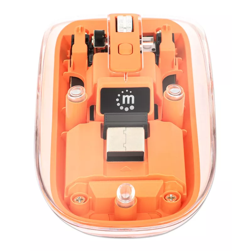 Rato sem fios recarregável transparente Manhattan, transparente/laranja, ajustável 800/1200/1600 dpi, com iluminação LED RGB, 2,4 GHz (alcance até 10 m), USB, ótico, ambidestro, quatro botões com roda de deslocamento, design fino, micro-recetor USB-A, bateria de iões de lítio