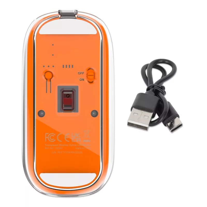 Rato sem fios recarregável transparente Manhattan, transparente/laranja, ajustável 800/1200/1600 dpi, com iluminação LED RGB, 2,4 GHz (alcance até 10 m), USB, ótico, ambidestro, quatro botões com roda de deslocamento, design fino, micro-recetor USB-A, bateria de iões de lítio