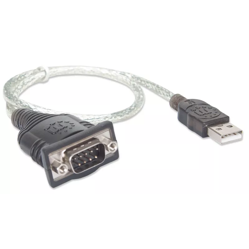 Cabo conversor USB-A para série Manhattan, 45 cm, ficha macho para ficha macho, série/RS232/COM/DB9, chipset Prolific PL-2303RA, cabo preto/prateado, garantia de três anos, equivalente a ICUSB232V2