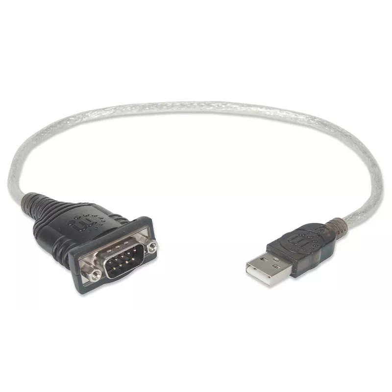 Cabo conversor USB-A para série Manhattan, 45 cm, ficha macho para ficha macho, série/RS232/COM/DB9, chipset Prolific PL-2303RA, cabo preto/prateado, garantia de três anos, equivalente a ICUSB232V2