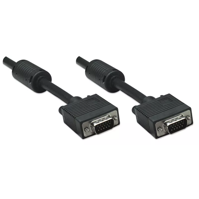 Cabo de monitor VGA Manhattan (com núcleos de ferrite), 10 m, preto, ficha macho para ficha macho, HD15, cabo com especificação SVGA superior (totalmente compatível), blindagem com núcleos de ferrite ajuda a minimizar interferências eletromagnéticas e a melhorar a transmissão de vídeo, garantia vitalícia