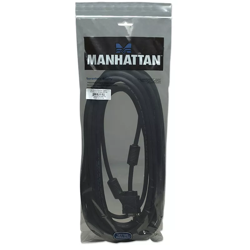 Cabo de monitor VGA Manhattan (com núcleos de ferrite), 10 m, preto, ficha macho para ficha macho, HD15, cabo com especificação SVGA superior (totalmente compatível), blindagem com núcleos de ferrite ajuda a minimizar interferências eletromagnéticas e a melhorar a transmissão de vídeo, garantia vitalícia