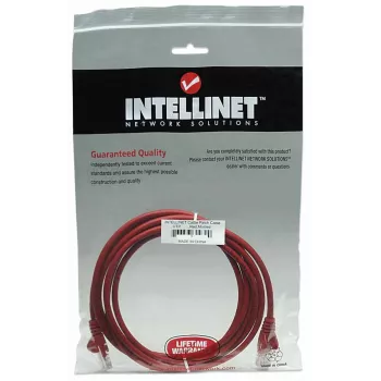 Cabo de rede patch Intellinet, Cat5e, 5 m, vermelho, CCA, U/UTP, PVC, RJ45, contactos banhados a ouro, sem patilha, bainha de proteção contra dobras, garantia vitalícia