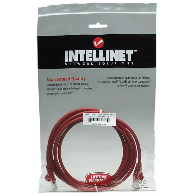 Cabo de rede patch Intellinet, Cat5e, 5 m, vermelho, CCA, U/UTP, PVC, RJ45, contactos banhados a ouro, sem patilha, bainha de proteção contra dobras, garantia vitalícia