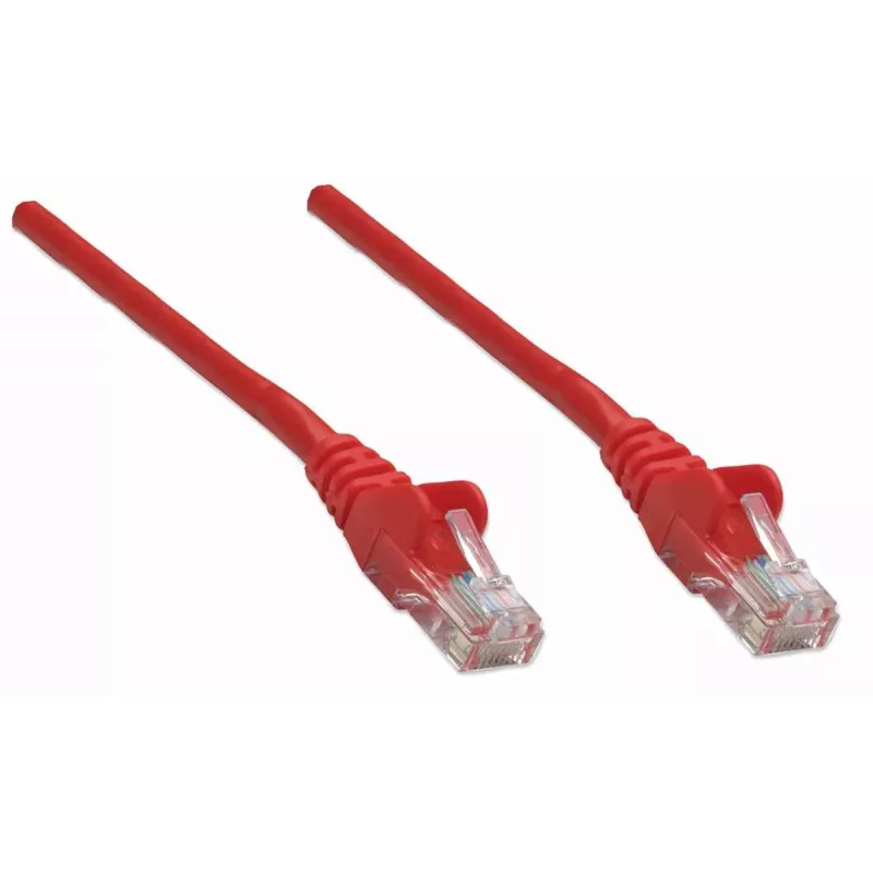 Cabo de rede patch Intellinet, Cat5e, 5 m, vermelho, CCA, U/UTP, PVC, RJ45, contactos banhados a ouro, sem patilha, bainha de proteção contra dobras, garantia vitalícia