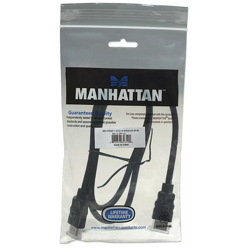 Cabo HDMI Manhattan 4K@30Hz com Ethernet, 1 m, adequado para TODAS as aplicações 1080p/HD e para a maioria das aplicações 4K (verifique a especificação 4K do seu sistema para ter a certeza), ficha macho para ficha macho, preto, Ultra HD 4K x 2K, garantia vitalícia, alta velocidade, equivalente a HDMM1MHS