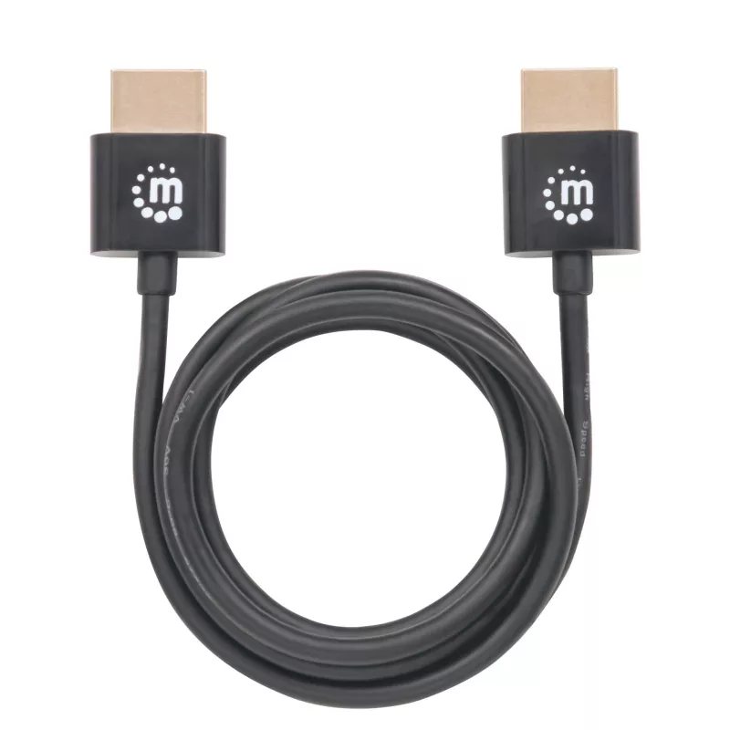 Cabo HDMI com Ethernet Manhattan (Ultra Thin), 4K@60Hz (Premium High Speed), 1 m, ficha macho para ficha macho, preto, Ultra HD 4K x 2K, totalmente blindado, contactos banhados a ouro, garantia vitalícia