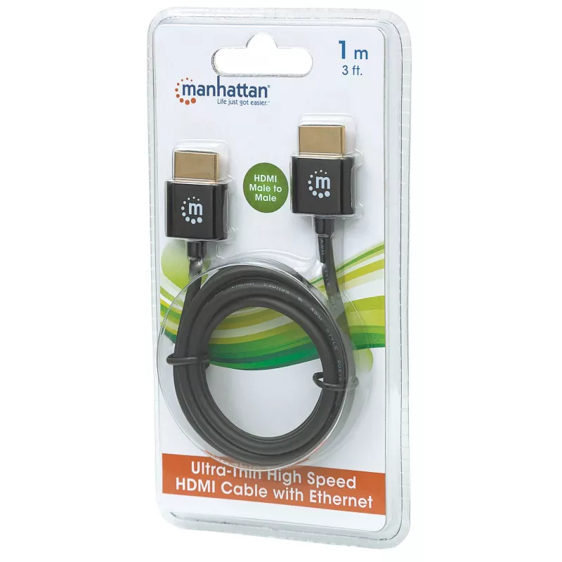 Cabo HDMI com Ethernet Manhattan (Ultra Thin), 4K@60Hz (Premium High Speed), 1 m, ficha macho para ficha macho, preto, Ultra HD 4K x 2K, totalmente blindado, contactos banhados a ouro, garantia vitalícia