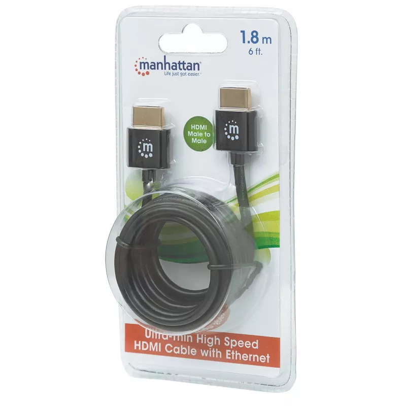 Cabo HDMI com Ethernet Manhattan (ultra fino), 4K@60Hz (Premium High Speed), 1,8 m, ficha macho para ficha macho, preto, Ultra HD 4K x 2K, totalmente blindado, contactos banhados a ouro, garantia vitalícia
