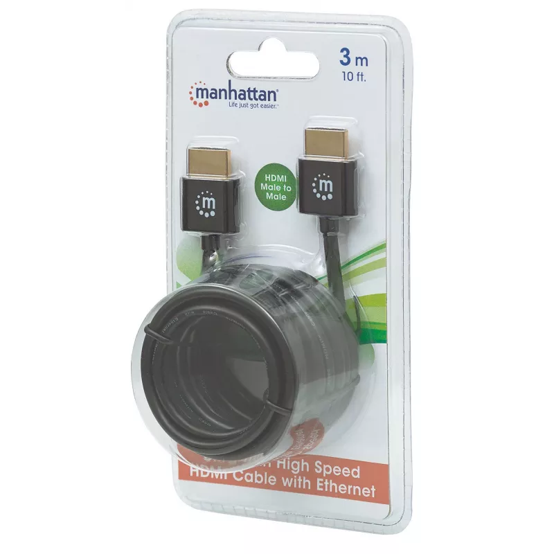 Cabo HDMI com Ethernet Manhattan (ultra fino), 4K@60Hz (Premium High Speed), 3 m, ficha macho para ficha macho, preto, Ultra HD 4K x 2K, totalmente blindado, contactos banhados a ouro, garantia vitalícia