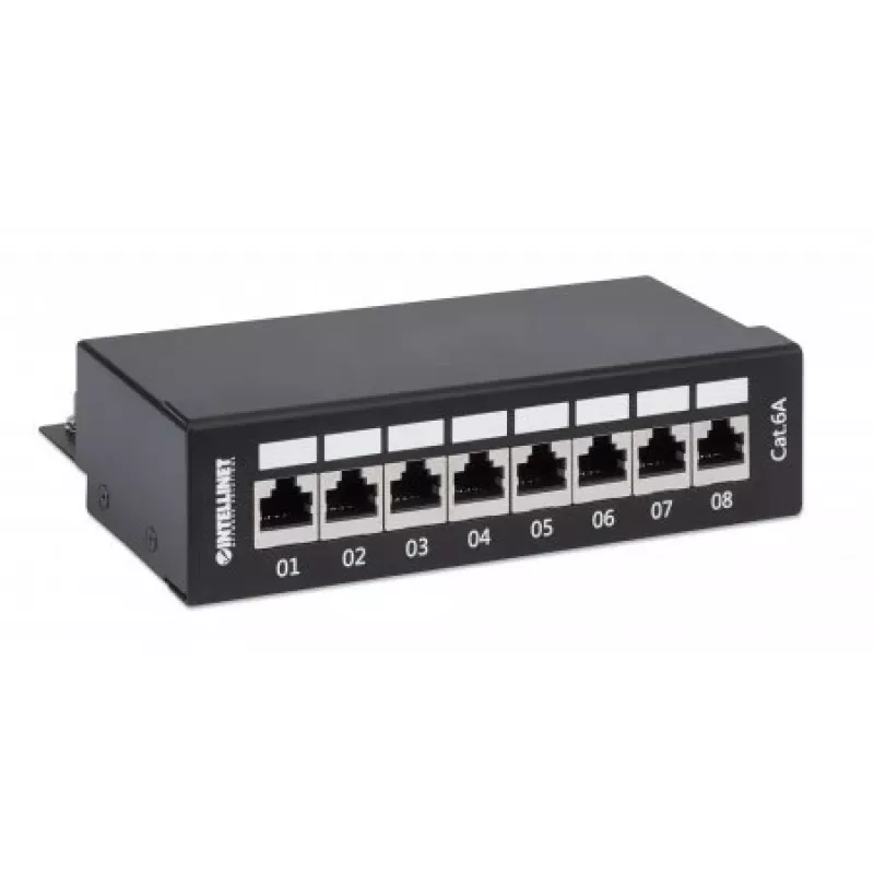 Intellinet Patch Panel, Cat6a, FTP, 8 Portas, Secretária, Blindado, Blocos LSA de Entrada Superior a 90°, Preto