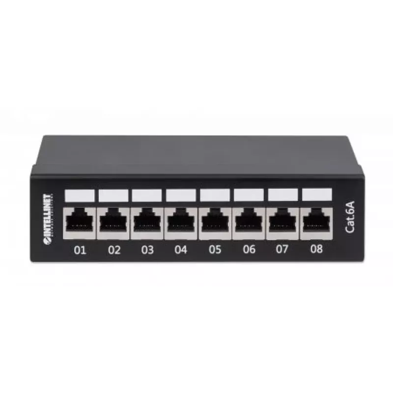 Intellinet Patch Panel, Cat6a, FTP, 8 Portas, Secretária, Blindado, Blocos LSA de Entrada Superior a 90°, Preto