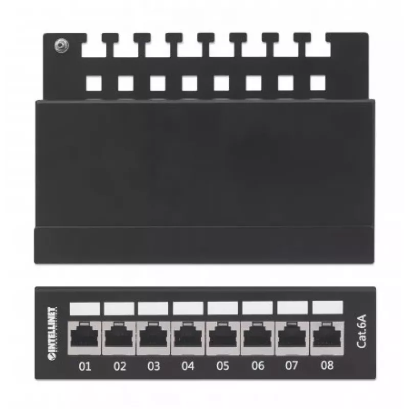 Intellinet Patch Panel, Cat6a, FTP, 8 Portas, Secretária, Blindado, Blocos LSA de Entrada Superior a 90°, Preto