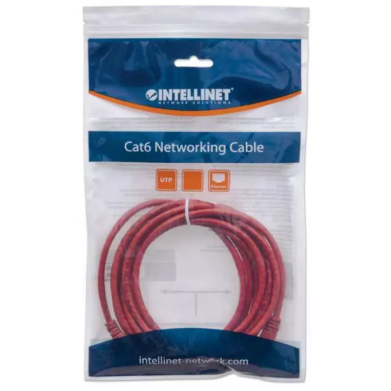 Intellinet Cabo de Patch de Rede, Cat6, 0,5m, Vermelho, CCA, U/UTP, PVC, RJ45, Contactos Banhados a Ouro, Sem Patilha, Proteção Anti-dobra Moldada, Garantia Vitalícia
