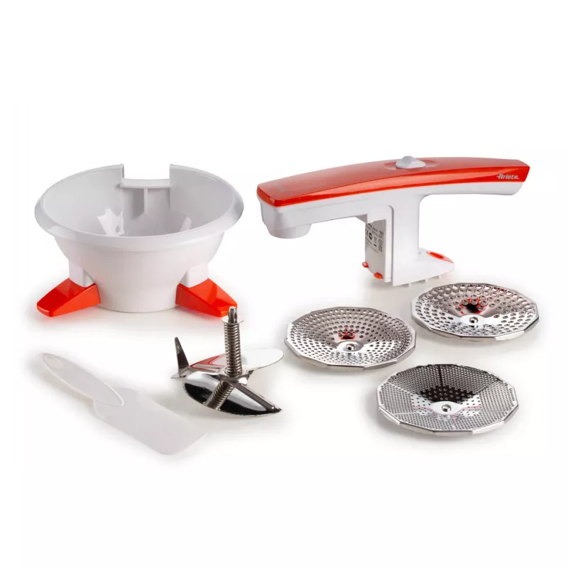 Ariete 261 Passì – Espremedor elétrico de legumes – 3 discos de aço inoxidável – adaptável a qualquer recipiente – 25 Watt – branco e laranja