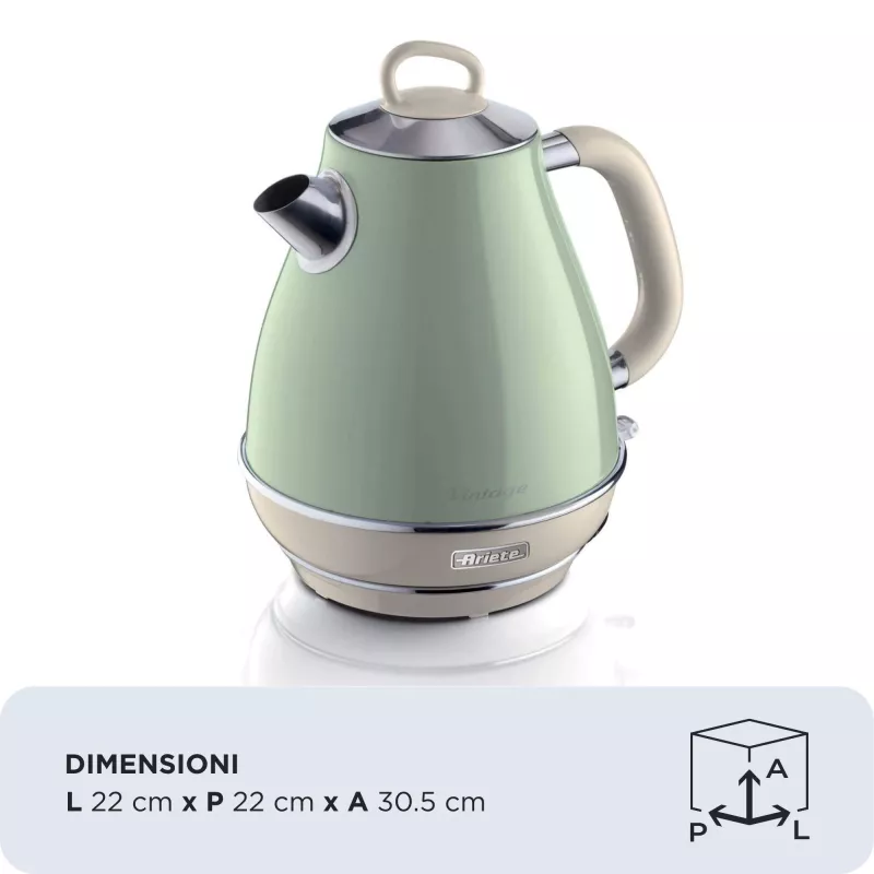 Ariete 2869 Chaleira Vintage, aço inoxidável, 1,7 l, desligamento automático, 2000 W, para água, chá e infusões de ervas, verde-pastel