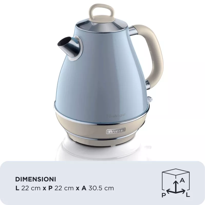 Ariete 2869 Chaleira Vintage, aço inoxidável, 1,7 L, desligamento automático, 2000 W, para água, chá e infusões de ervas, azul-pastel