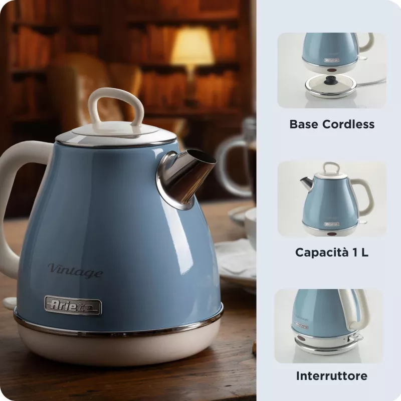 Ariete 2869 Chaleira Vintage, aço inoxidável, 1,7 L, desligamento automático, 2000 W, para água, chá e infusões de ervas, azul-pastel