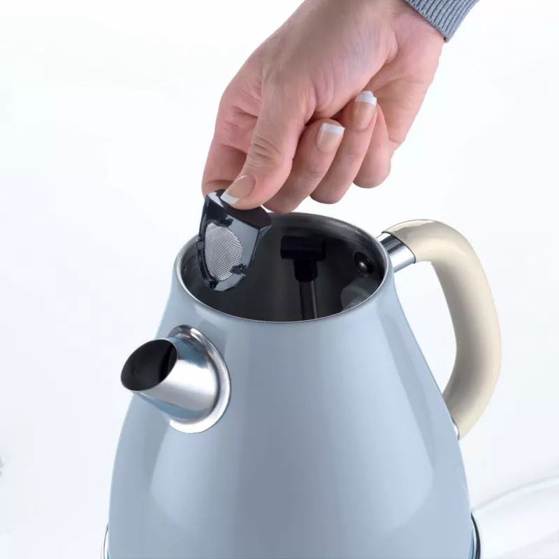Ariete 2869 Chaleira Vintage, aço inoxidável, 1,7 L, desligamento automático, 2000 W, para água, chá e infusões de ervas, azul-pastel