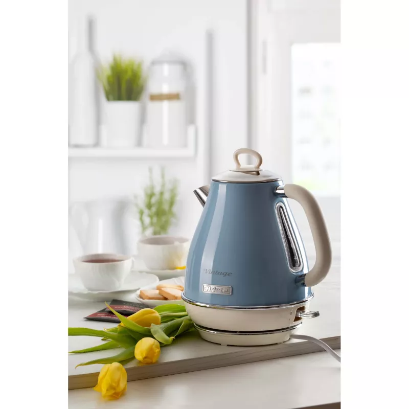 Ariete 2869 Chaleira Vintage, aço inoxidável, 1,7 L, desligamento automático, 2000 W, para água, chá e infusões de ervas, azul-pastel