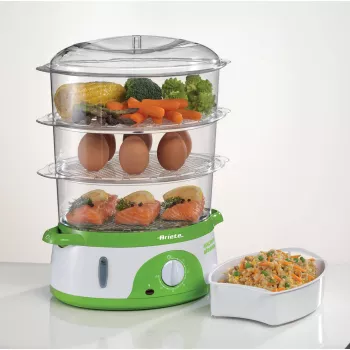Ariete 911 Healthy Steam - Vaporizador elétrico - 3 cestos - recipiente para arroz - temporizador 60 min. - 800 Watt - 9 litros - branco e verde