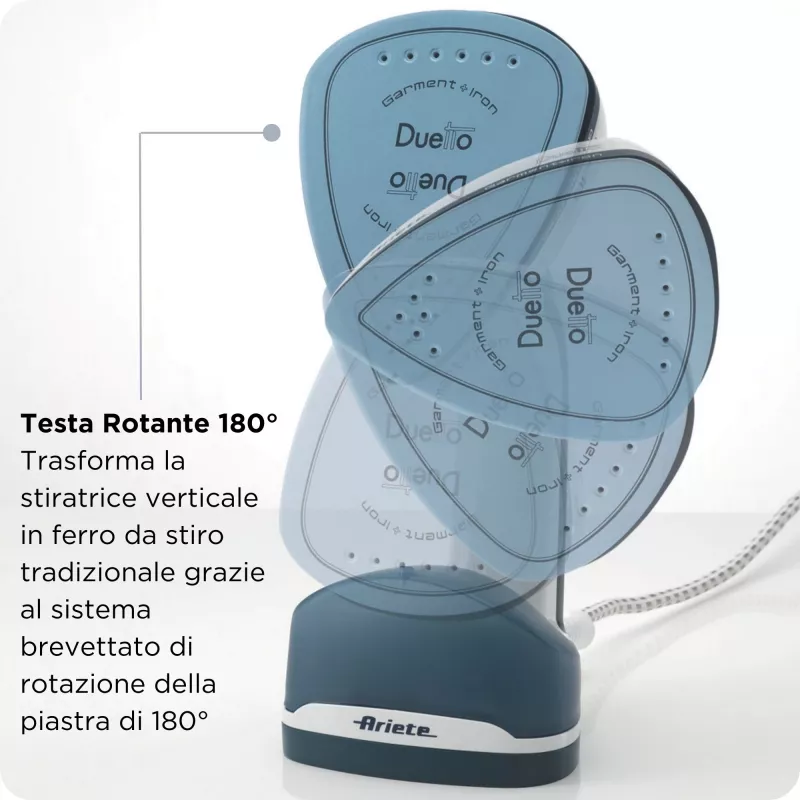 Ariete 6246 Duetto Ferro de engomar para roupa - Vaporizador vertical e ferro de engomar com base de cerâmica antiaderente - 1000 Watt - branco e azul