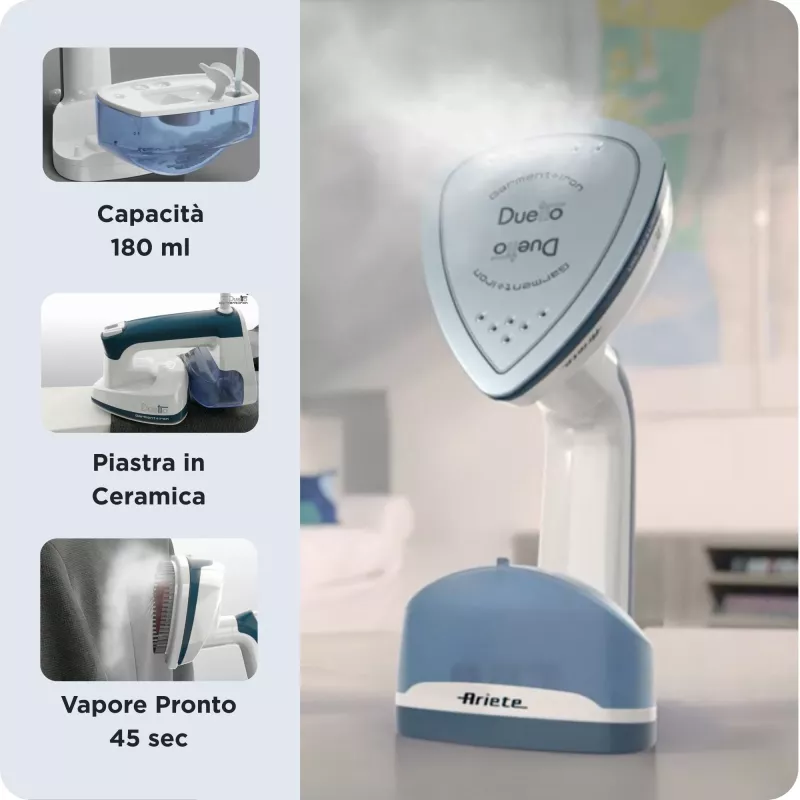Ariete 6246 Duetto Ferro de engomar para roupa - Vaporizador vertical e ferro de engomar com base de cerâmica antiaderente - 1000 Watt - branco e azul