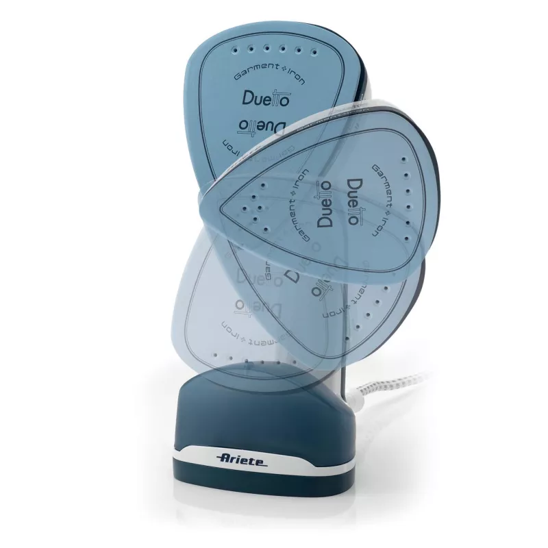 Ariete 6246 Duetto Ferro de engomar para roupa - Vaporizador vertical e ferro de engomar com base de cerâmica antiaderente - 1000 Watt - branco e azul