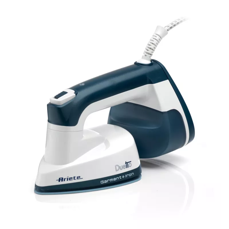 Ariete 6246 Duetto Ferro de engomar para roupa - Vaporizador vertical e ferro de engomar com base de cerâmica antiaderente - 1000 Watt - branco e azul