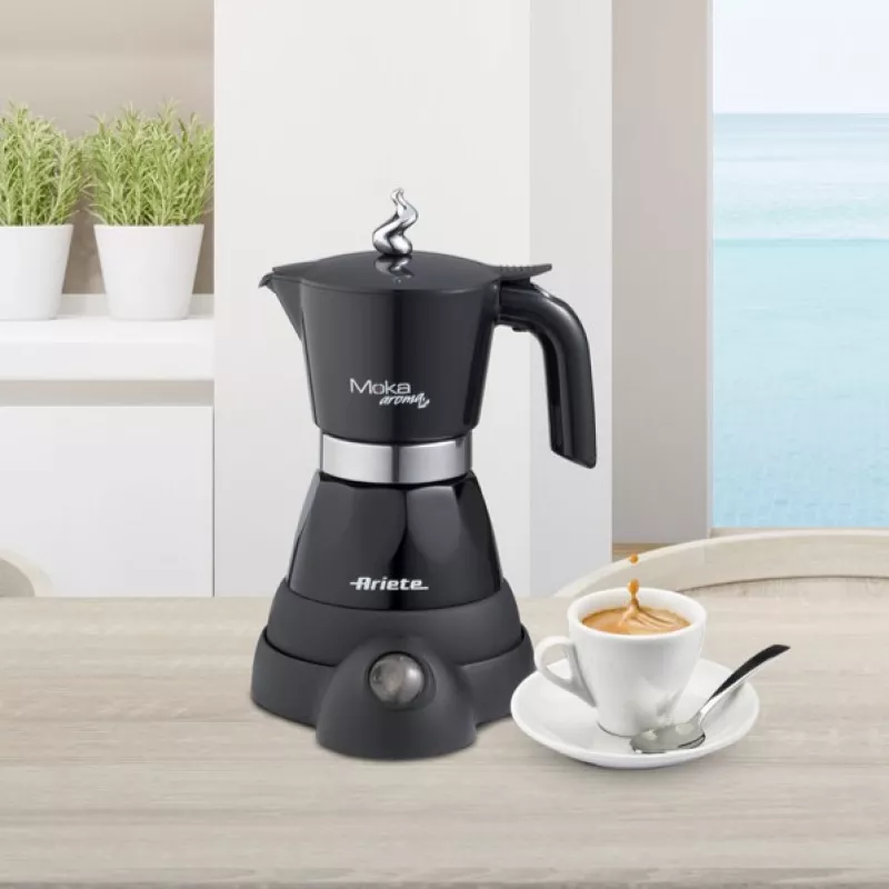 Ariete 1368 Moka Aroma, Cafeteira moka elétrica, 4/6 chávenas, 480 W, desligamento automático, mantém a temperatura a 30 graus, preto