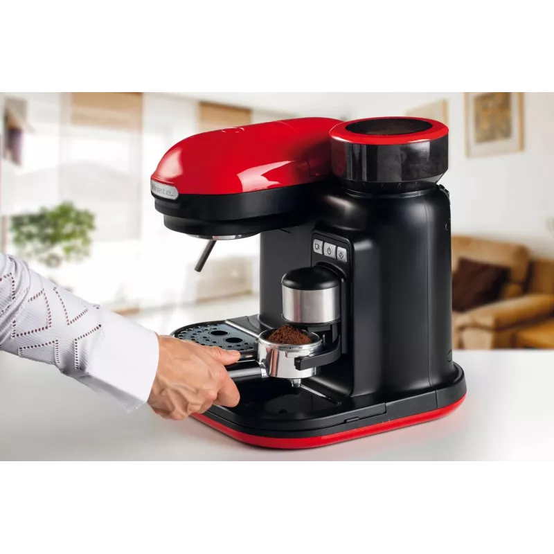 Ariete 1318 Moderna Máquina de café expresso com moinho de café integrado, para grãos de café e café moído, espumador de leite Cappuccinatore, filtro para 1 e 2 chávenas, 1080 W, 800 ml, vermelho