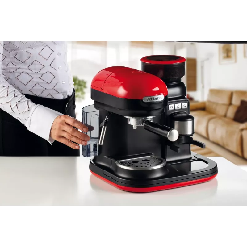 Ariete 1318 Moderna Máquina de café expresso com moinho de café integrado, para grãos de café e café moído, espumador de leite Cappuccinatore, filtro para 1 e 2 chávenas, 1080 W, 800 ml, vermelho