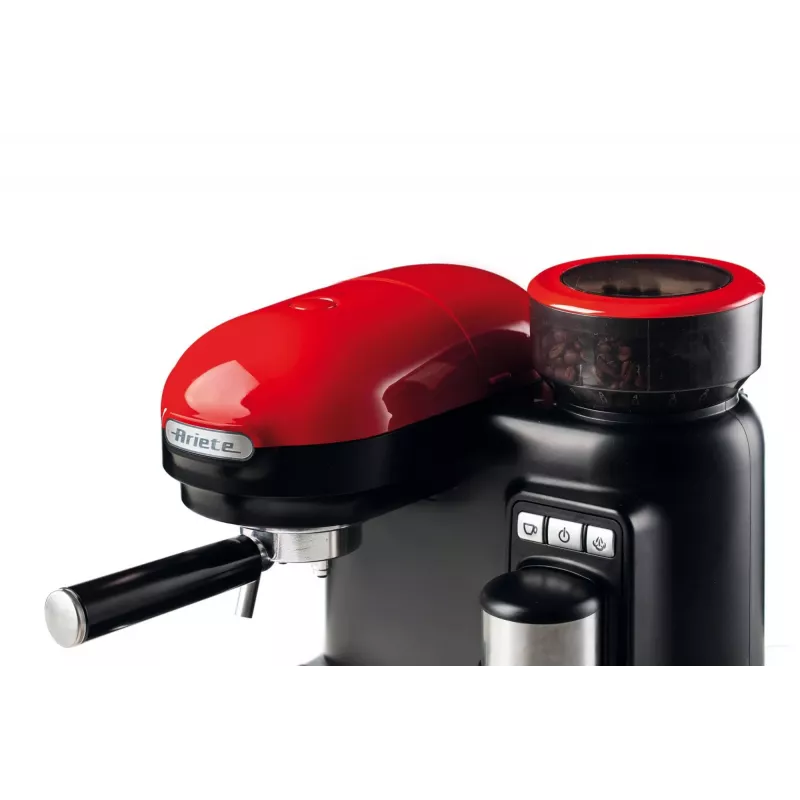 Ariete 1318 Moderna Máquina de café expresso com moinho de café integrado, para grãos de café e café moído, espumador de leite Cappuccinatore, filtro para 1 e 2 chávenas, 1080 W, 800 ml, vermelho