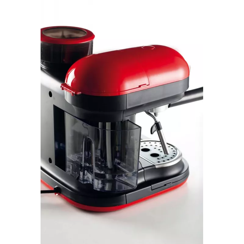 Ariete 1318 Moderna Máquina de café expresso com moinho de café integrado, para grãos de café e café moído, espumador de leite Cappuccinatore, filtro para 1 e 2 chávenas, 1080 W, 800 ml, vermelho