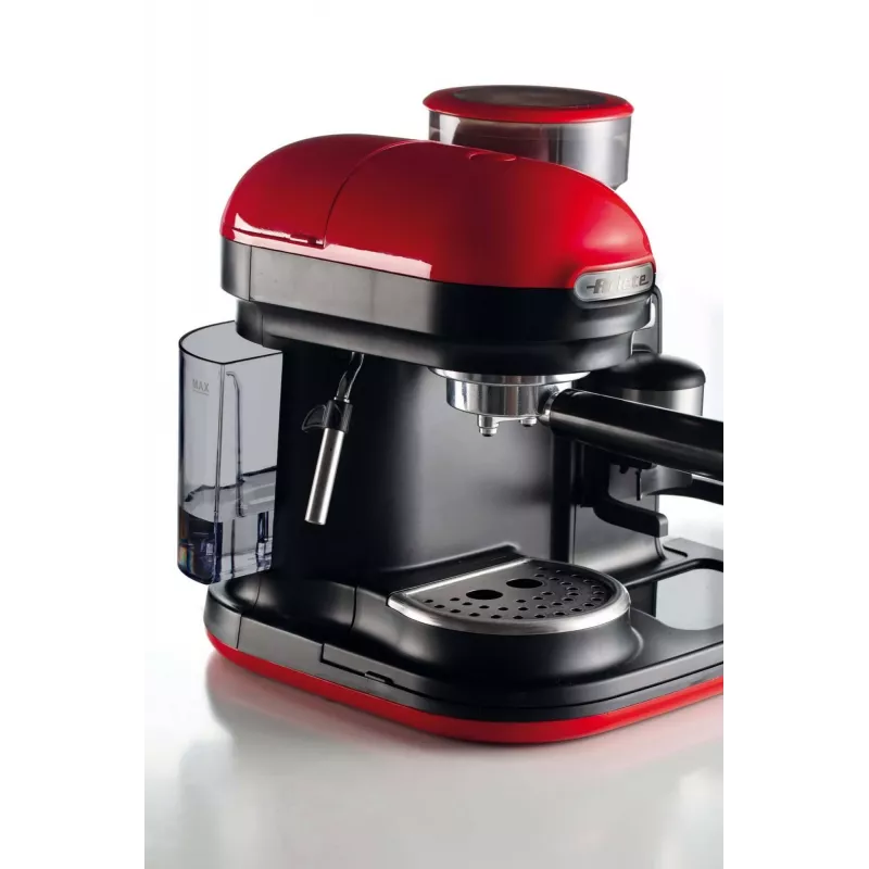 Ariete 1318 Moderna Máquina de café expresso com moinho de café integrado, para grãos de café e café moído, espumador de leite Cappuccinatore, filtro para 1 e 2 chávenas, 1080 W, 800 ml, vermelho