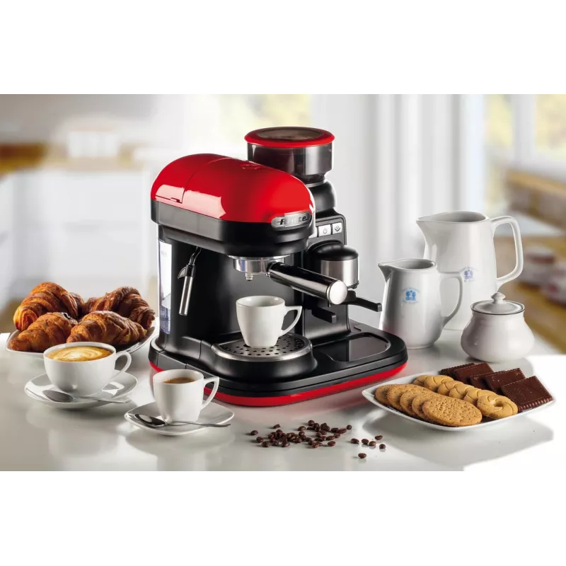 Ariete 1318 Moderna Máquina de café expresso com moinho de café integrado, para grãos de café e café moído, espumador de leite Cappuccinatore, filtro para 1 e 2 chávenas, 1080 W, 800 ml, vermelho