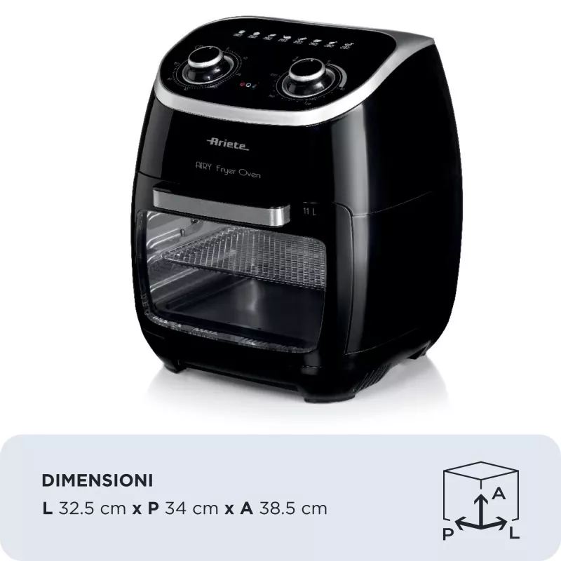 Ariete 4619 Airy Fryer Forno – Fritadeira de ar quente e forno elétrico com espeto rotativo – Cesto rotativo – Desidratador – 2000 Watt – 11 litros – aço