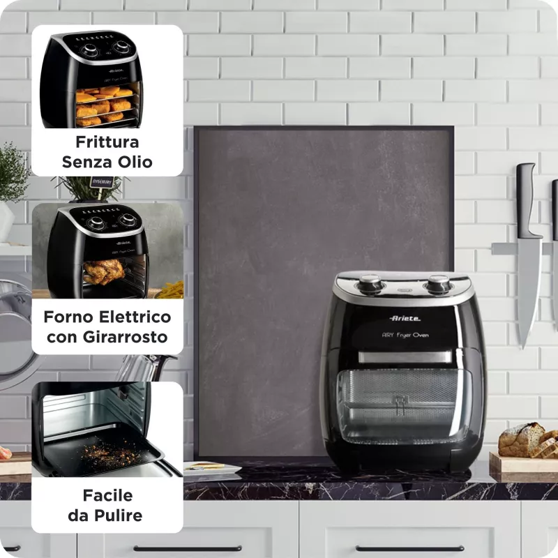 Ariete 4619 Airy Fryer Forno – Fritadeira de ar quente e forno elétrico com espeto rotativo – Cesto rotativo – Desidratador – 2000 Watt – 11 litros – aço