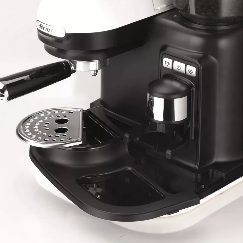 Ariete 1318 Moderna Máquina de café expresso com moinho de café integrado, para grãos de café e café moído, bico espumador de leite para cappuccino, filtro para 1 e 2 chávenas, 1080 W, 800 cc, branco