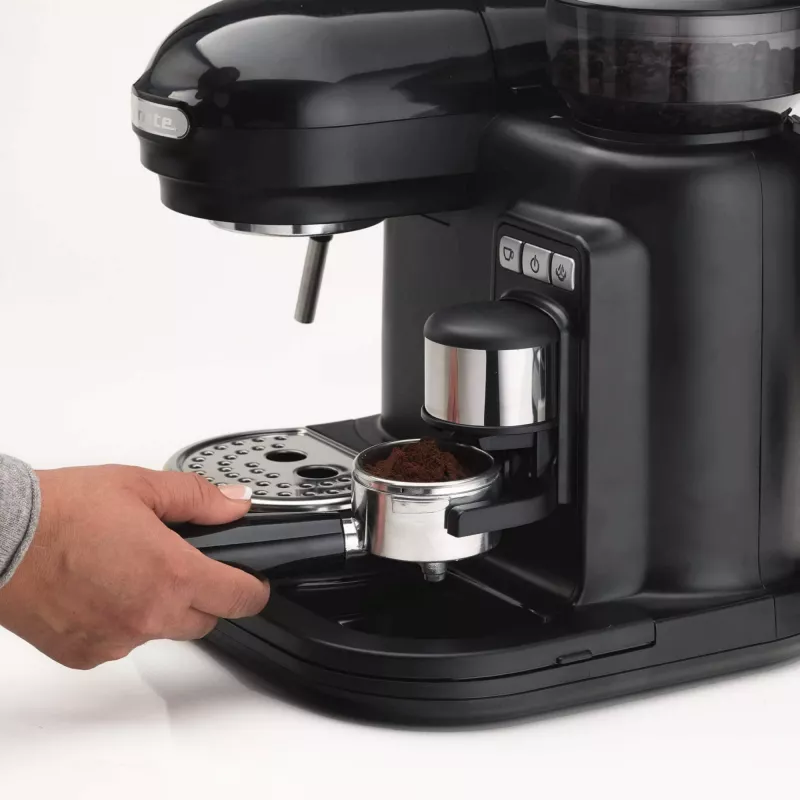 Ariete 1318 Moderna Máquina de café expresso com moinho de café integrado, para grãos de café e café moído, espumador de leite para cappuccino, filtro para 1 e 2 chávenas, 1080 W, 800 ml, preto