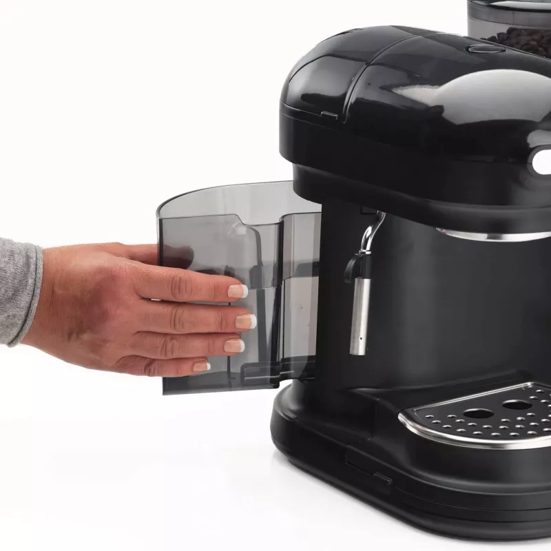 Ariete 1318 Moderna Máquina de café expresso com moinho de café integrado, para grãos de café e café moído, espumador de leite para cappuccino, filtro para 1 e 2 chávenas, 1080 W, 800 ml, preto