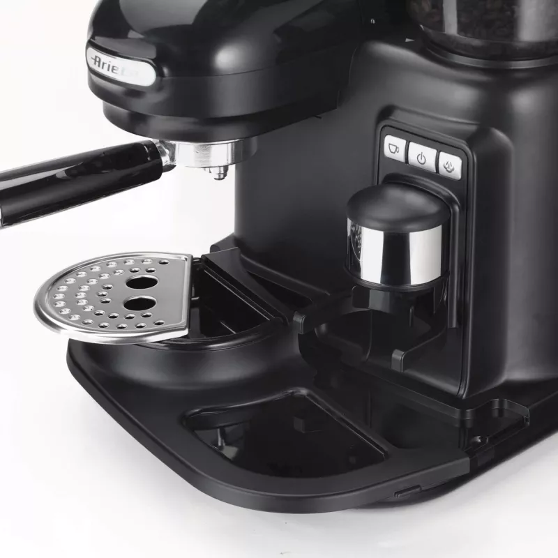 Ariete 1318 Moderna Máquina de café expresso com moinho de café integrado, para grãos de café e café moído, espumador de leite para cappuccino, filtro para 1 e 2 chávenas, 1080 W, 800 ml, preto