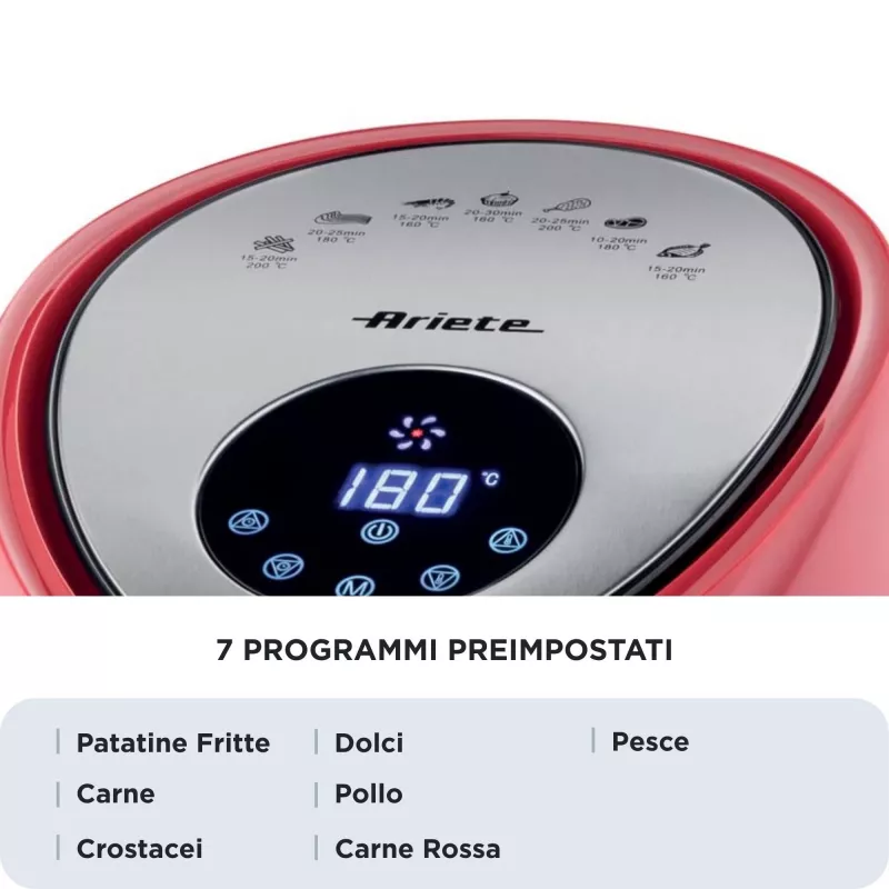 Ariete 4618 Airy Fryer XXL - Fritadeira de ar quente - Fritar 2,5 kg de batatas fritas - 7 litros - Cozinhar sem óleo e gordura - 1800 Watt - vermelho