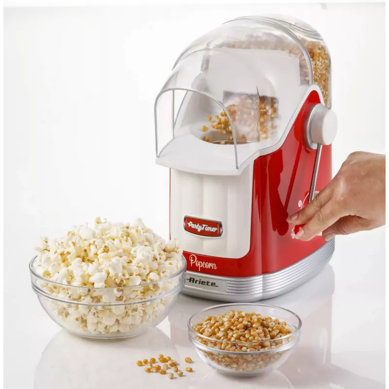 Ariete 2958 Pop Corn Maker Party Time, Máquina de pipocas com alavanca, 1100 Watt, capacidade 600 g, preparação sem gordura com ar quente, vermelho